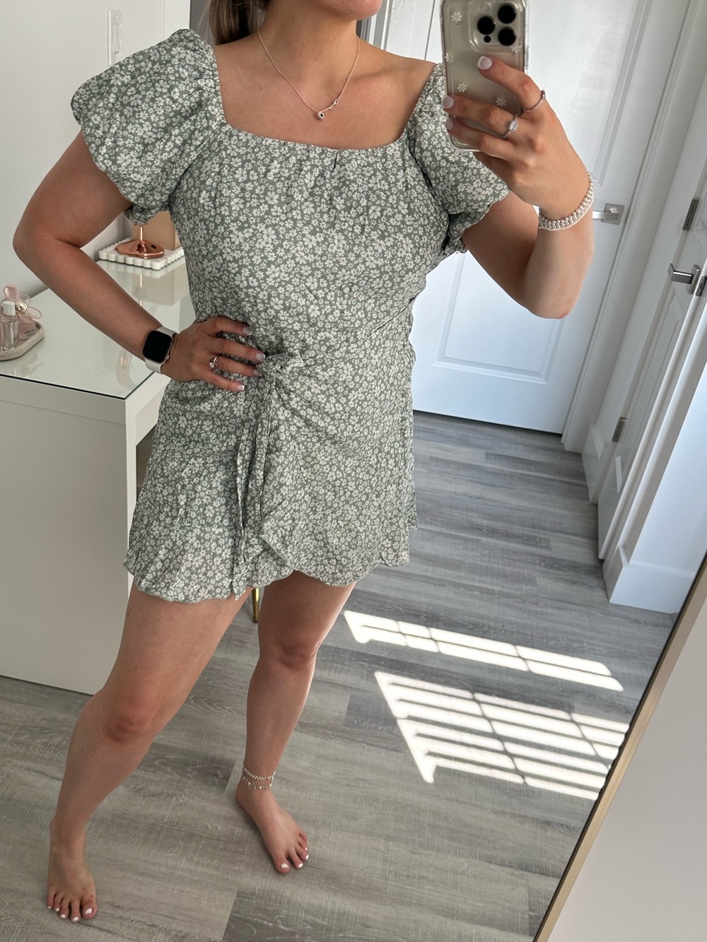 Trixxi Sage Green Floral Puff-Sleeve Square Neck Mini Dress